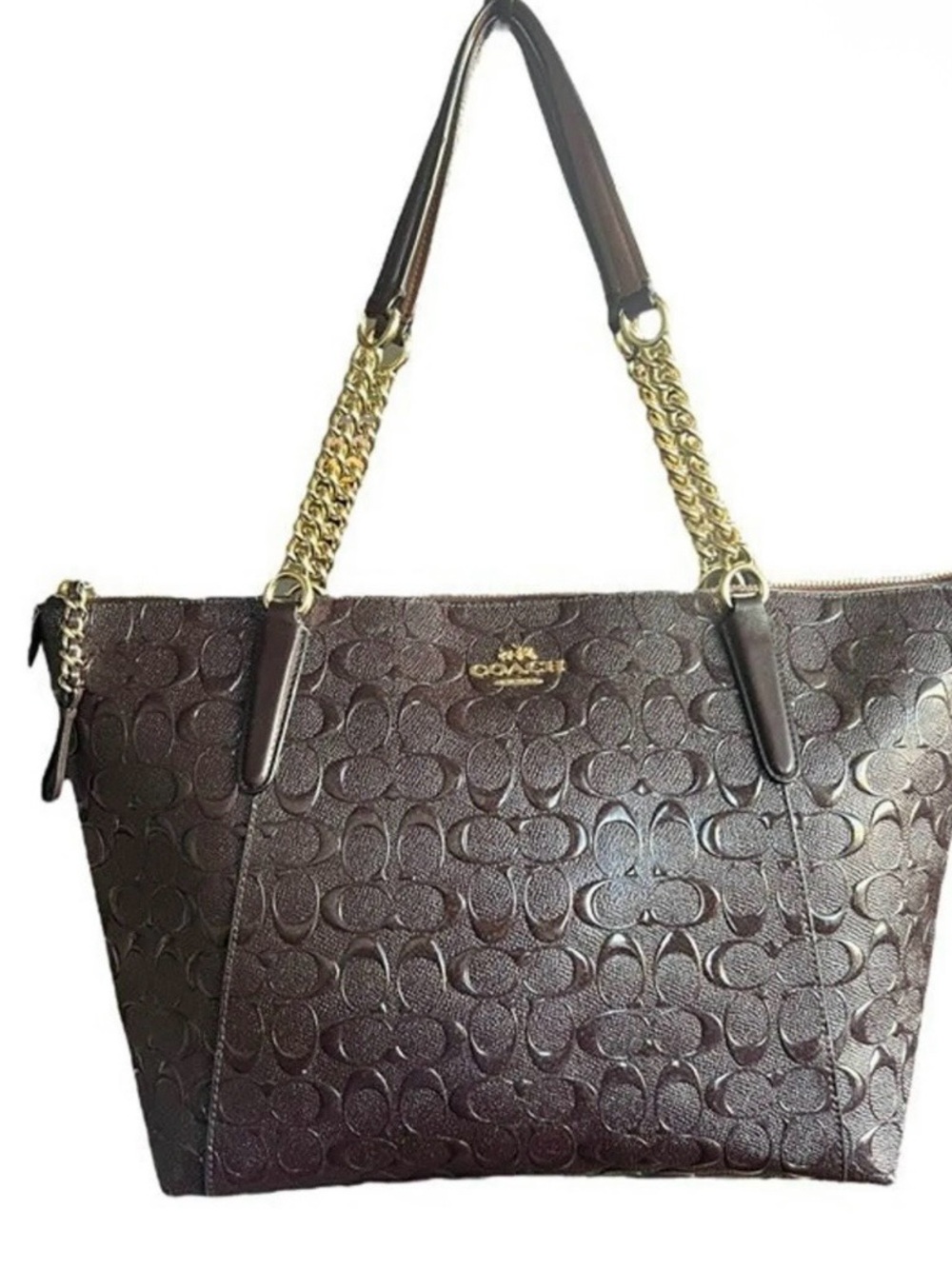 Coach Ava Chain Tote In Signature Debossed Leather Oxblood
